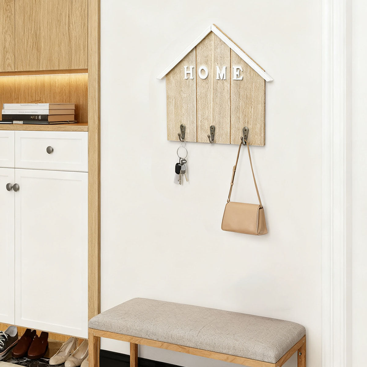 Alphynix Porte-clés en forme de maison 1 pièce, organisateur mural "MAISON" avec 3 crochets en métal vieilli, rangement d’entrée pour clés et courrier, bois