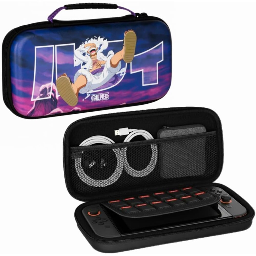 Konix One Piece Housse de protection et transport Nintendo Switch 2 - Rangement accessoires - 8 compartiments jeux - Motif Luffy Gear 5 - Violet