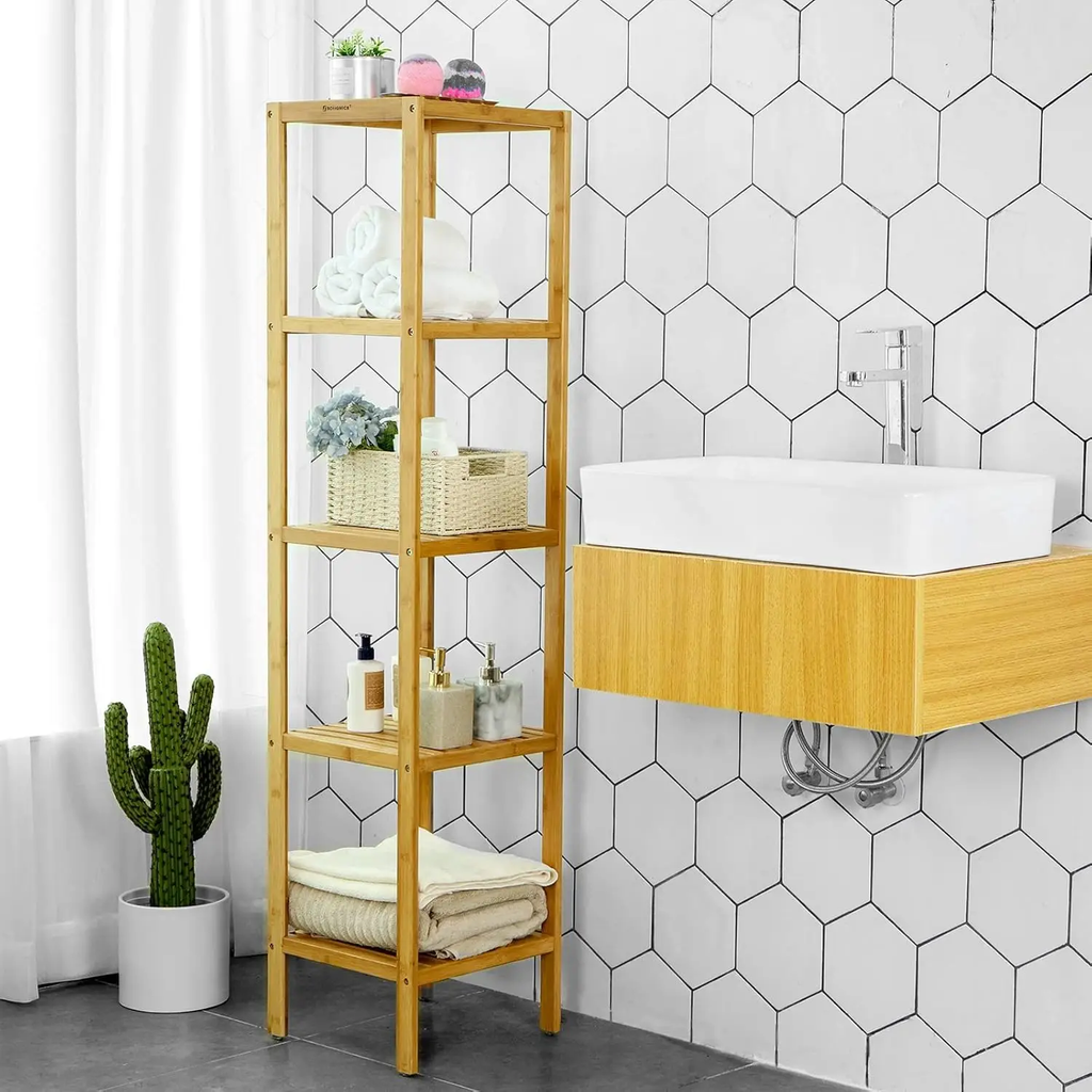 JOYFURNOS Étagère sur Pied en Bambou à 5 Niveaux pour Salle de Bain, Cuisine, Salon, Chambre - 33x33x146 cm