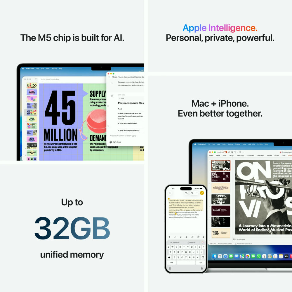 Apple MacBook Air 15 pouces Puce M5 CPU 10 cœurs GPU 10 cœurs 24 Go RAM 1 To SSD Argent, AZERTY