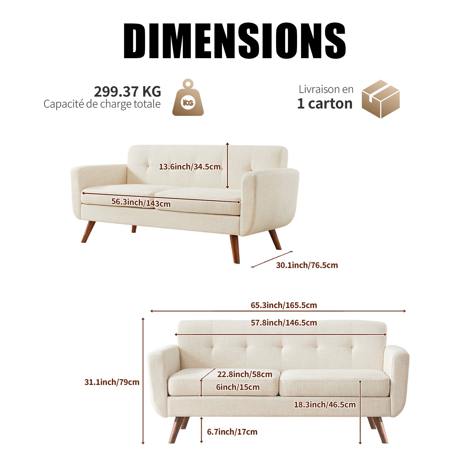 HONEYOU Canapé deux places 165 cm, Canapé deux places décor moderne du milieu du siècle pour salon, Petit canapé rembourré capitonné à boutons pour chambre