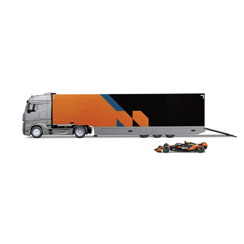 Bburago Camion de Transport de l'Équipe McLaren Racing Team Échelle 1/43 avec Voiture de Formule 1 MCL38 Pack