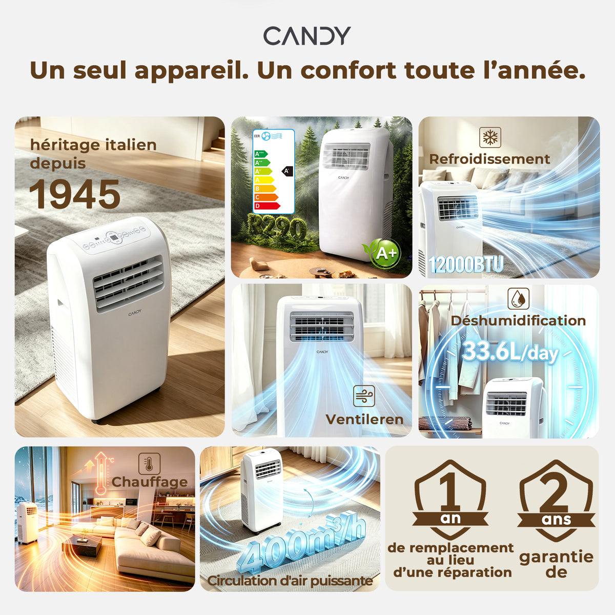 Candy 12000 BTU Climatiseur Mobile, Unité de Climatisation Intelligente 4 en 1, Refroidissement et Chauffage Rapides pour Pièces jusqu'à 35 ㎡, 3 Vitesses, Minuterie 24 H