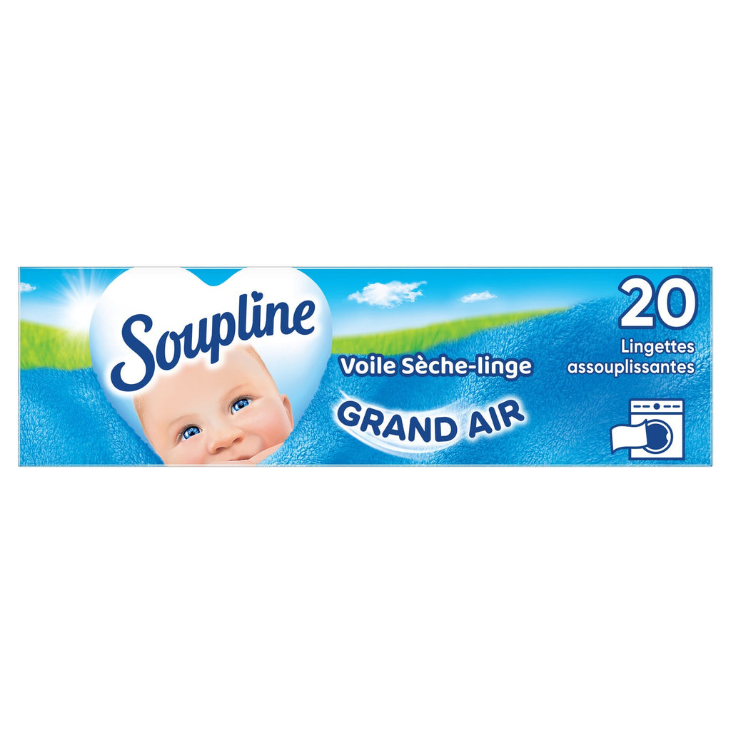 SOUPLINE Feuilles pour sèche-linge, Parfum Grand Air, Antistatique, Peaux sensibles, 20 feuilles