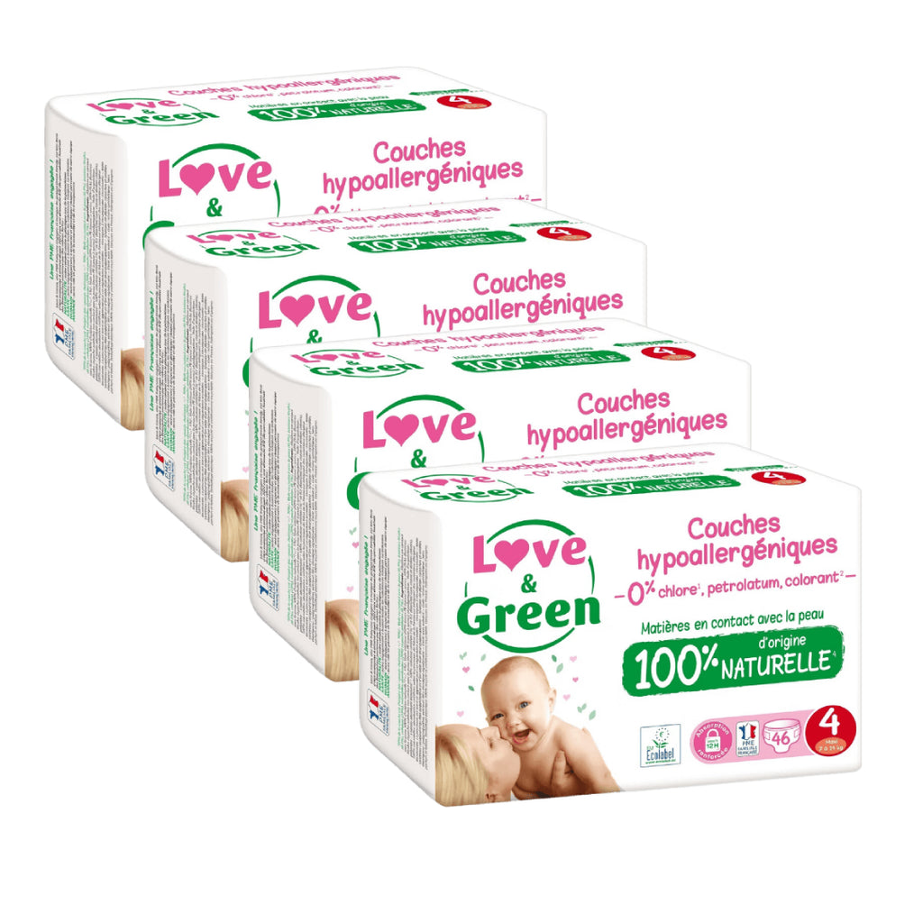 LOVE & GREEN Couches Écologiques Hypoallergéniques Pour Bébé Taille 4 7-14 kg - Pack Mensuel De 4 (184 Couches Au Total)