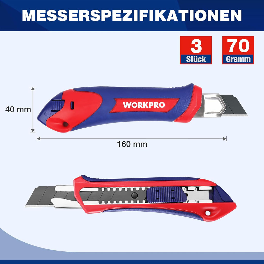 WORKPRO Lot de 3 cutters 18 mm avec 10 lames de rechange SK5, poignée en caoutchouc, lame sécable, pour carton et découpe multi-usage