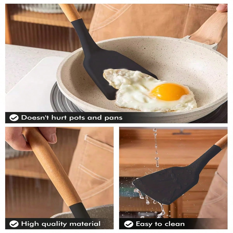 MEOKY Ensemble de 12 ustensiles de cuisine en silicone avec petit porte-objets - Noir