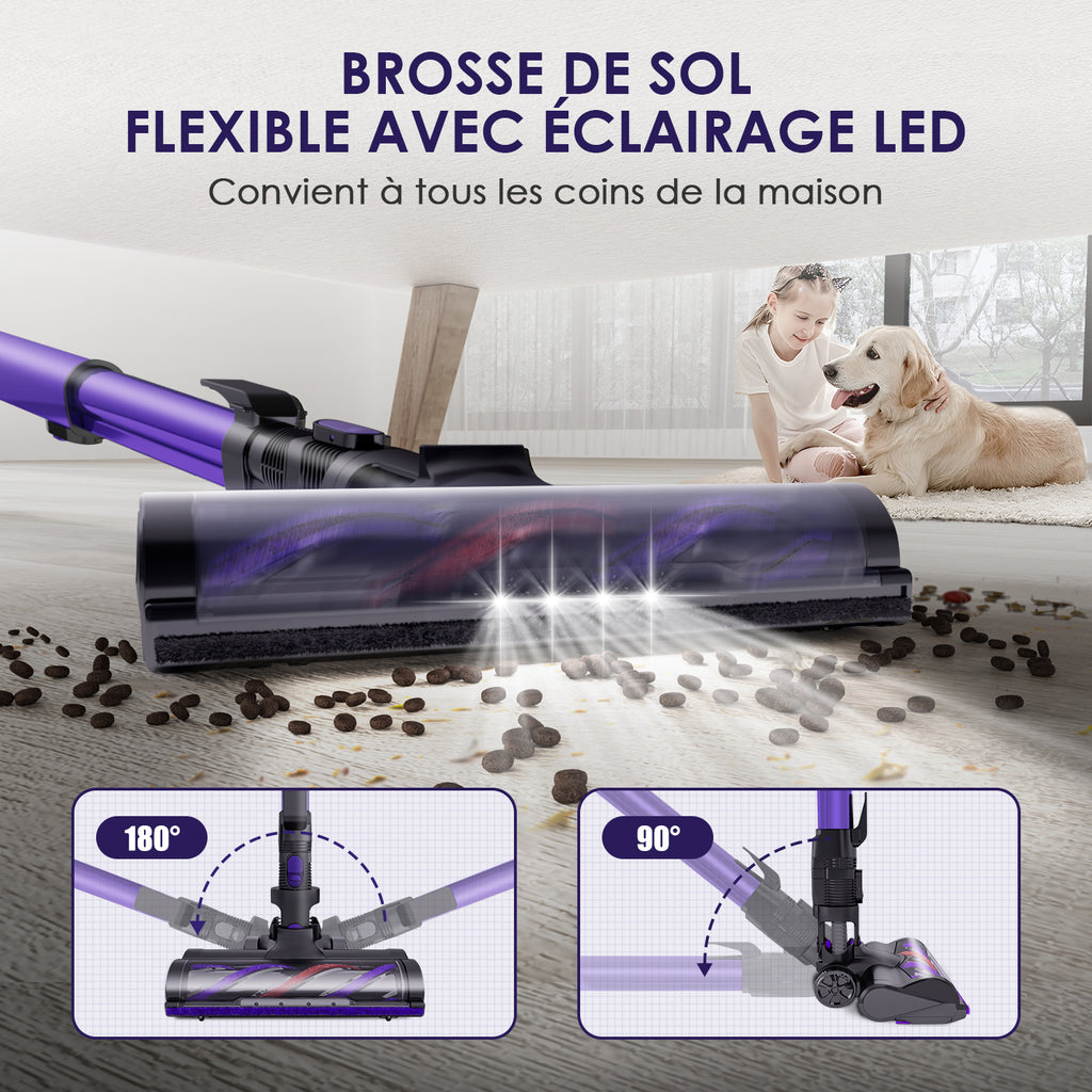 Aspirateur sans fil Daynee, aspirateur sans fil 55 kPa, aspirateur sans fil avec tuyau et brosse pour animaux, HEPA*4 pour poils d'animaux, tapis et sols durs
