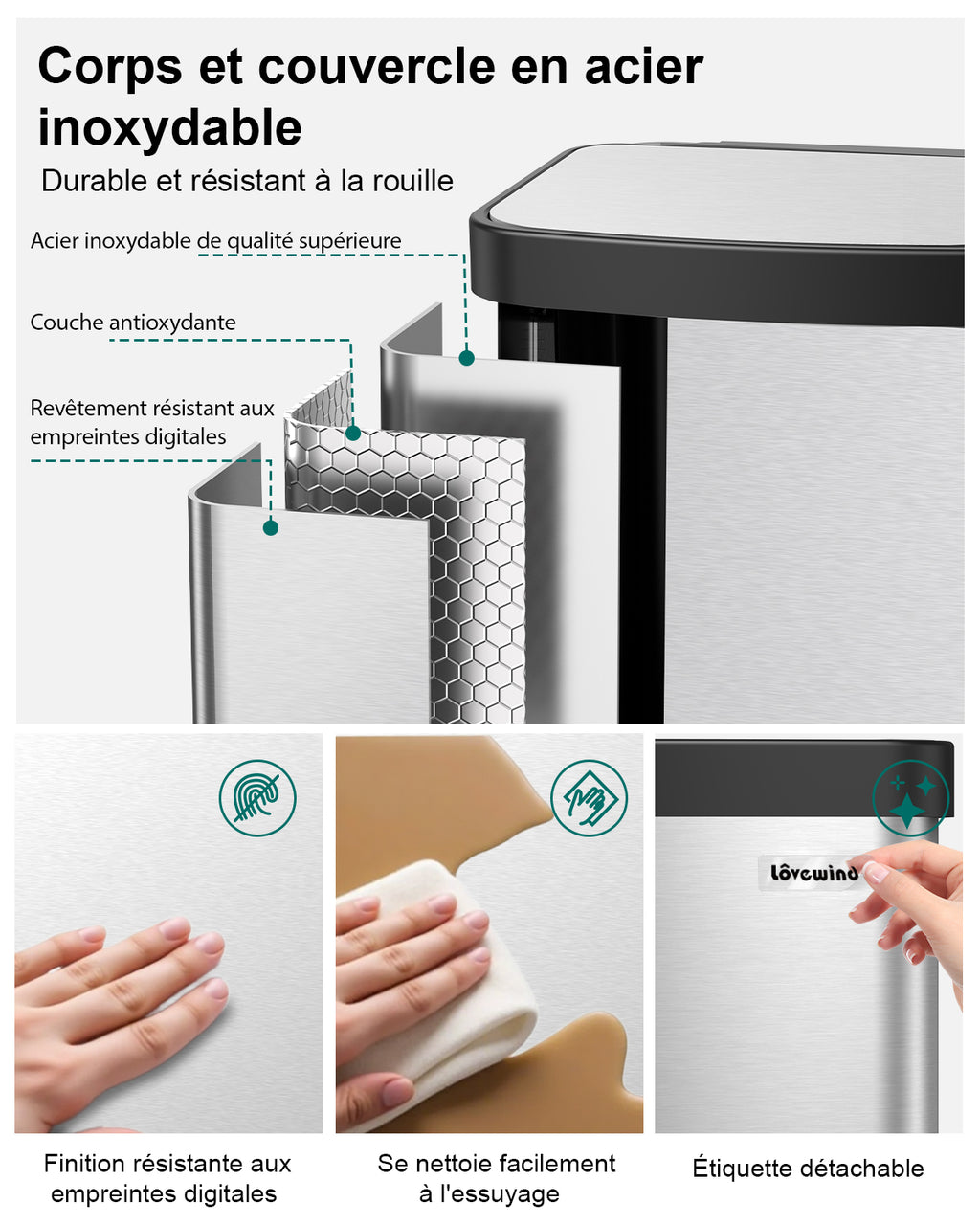 Lovewind Poubelle de cuisine Lovewind, Poubelle en acier inoxydable 16 gallons / 60 litres avec couvercle à fermeture douce, Grand poubelle de cuisine en métal avec bac à liquide amovible, Poubelle de recyclage pour cuisine bureau, Noir