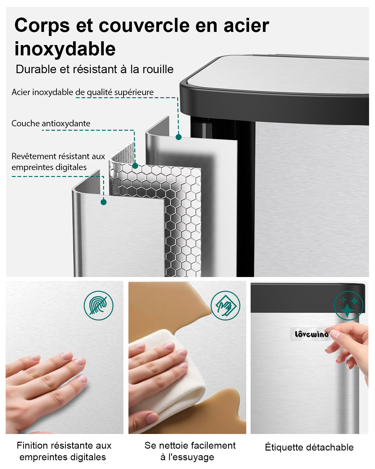 Lovewind Poubelle de cuisine Lovewind, Poubelle en acier inoxydable 16 gallons / 60 litres avec couvercle à fermeture douce, Grand poubelle de cuisine en métal avec bac à liquide amovible, Poubelle de recyclage pour cuisine bureau, Noir
