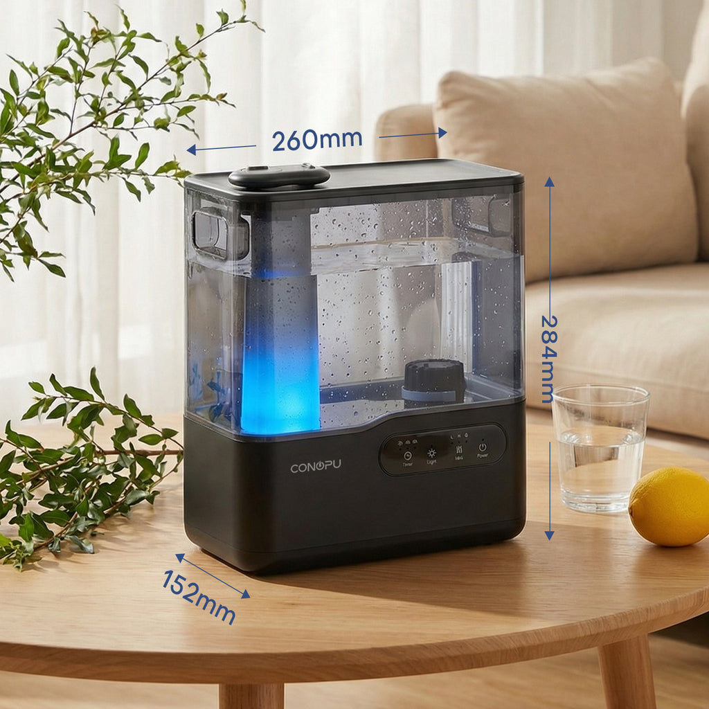 CONOPU Humidificateur ultrasonique 5 L à remplissage par le haut, double buse 360°, plateau d’aromathérapie et veilleuse à 7 couleurs, mode veille ultra silencieux, minuterie et arrêt automatique