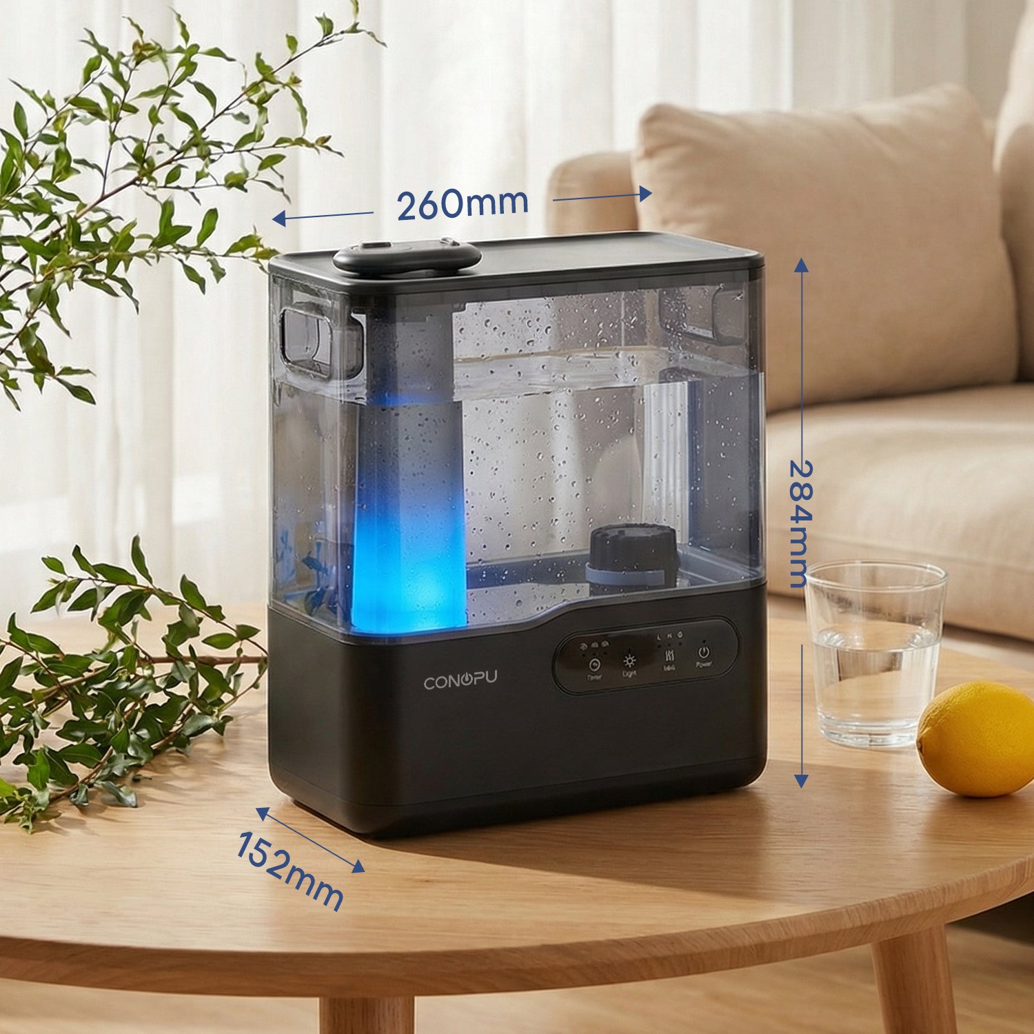 CONOPU Humidificateur ultrasonique 5 L à remplissage par le haut, double buse 360°, plateau d’aromathérapie et veilleuse à 7 couleurs, mode veille ultra silencieux, minuterie et arrêt automatique