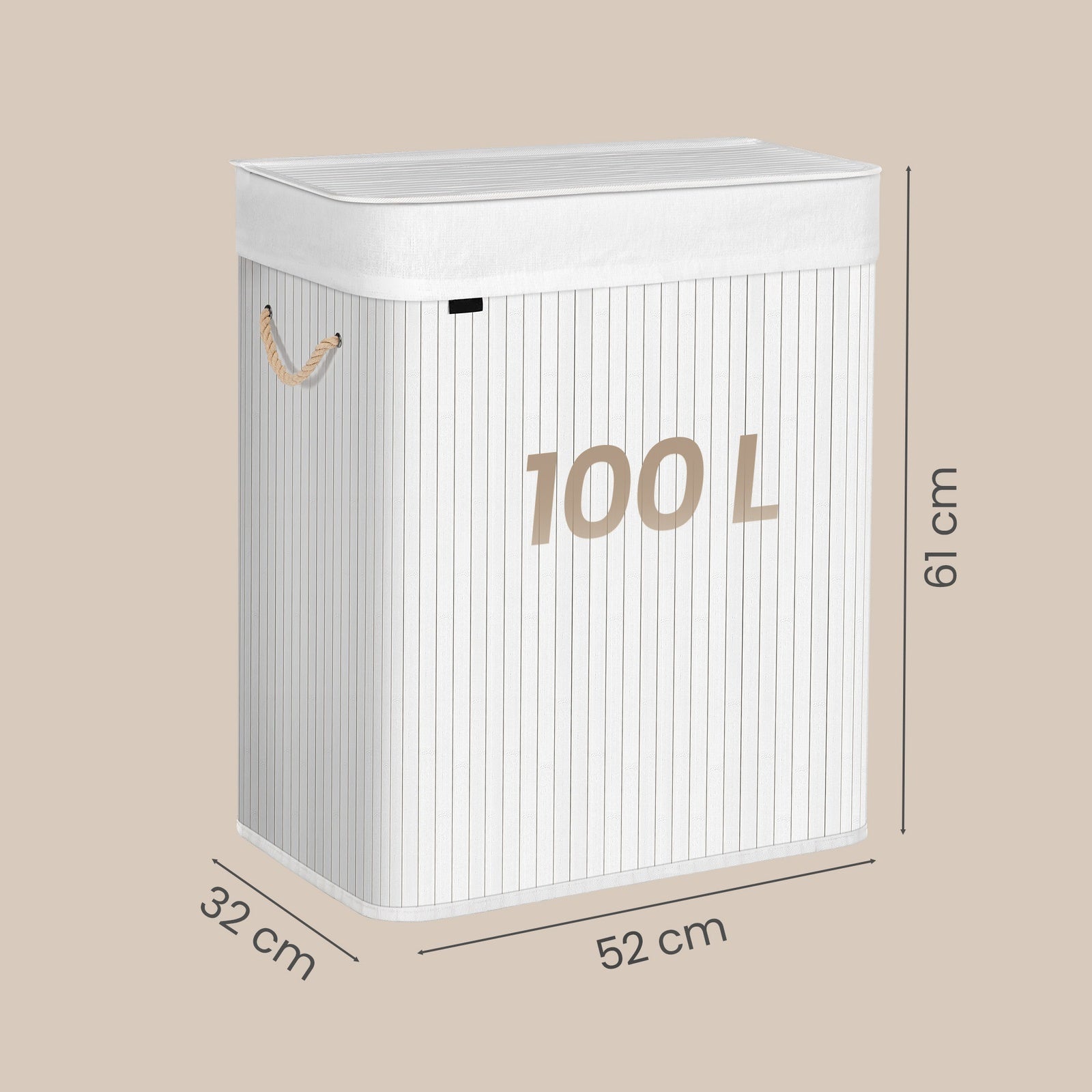 JOYFURNOS Grand Panier à Linge en Bambou, Panier à Linge Pliable à 2 Compartiments avec Couvercle, Blanc