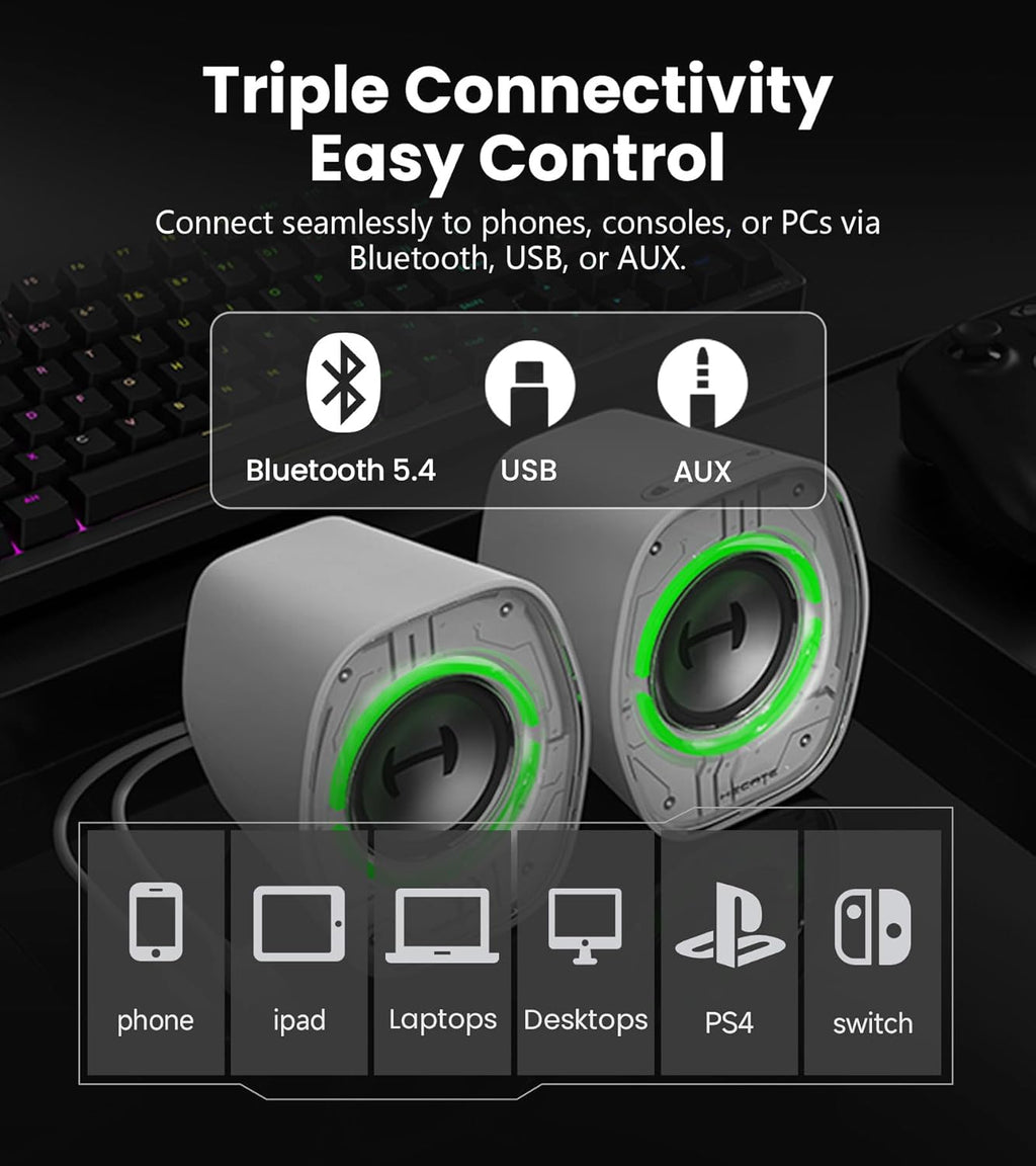 Enceintes de Bureau Gaming Edifier G1000 II pour Ordinateur, Haut-Parleur Large Bande 2,5" et Basses Renforcées, Bluetooth 5.4 USB-C AUX, 9 Modes d’Éclairage RGB Dynamiques pour PC - Blanc