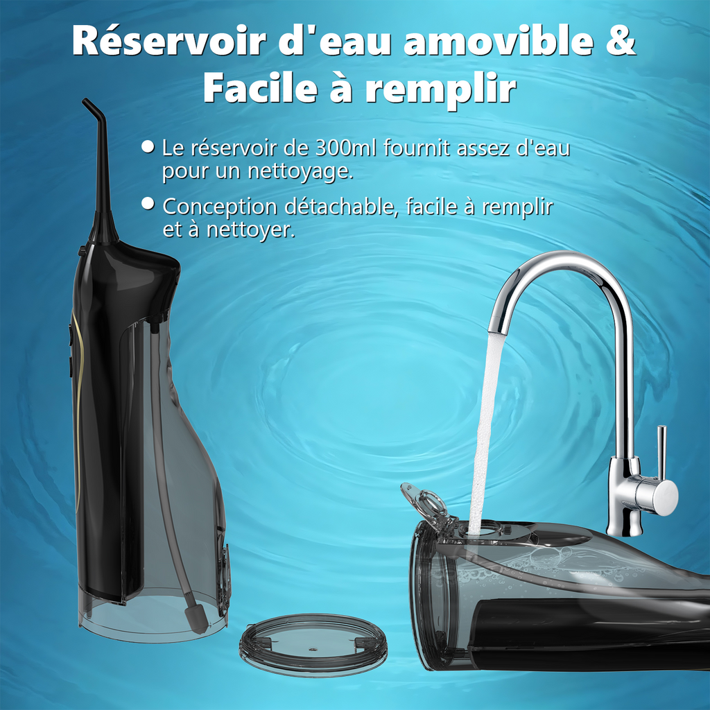 Sunluxy Hydropulseur dentaire portable sans fil, forte pression d’eau 140 PSI, 5 modes, buse rotative 360°, grand réservoir 300 ml, autonomie 40 jours, équipé de 4 types de buses, F5 Noir