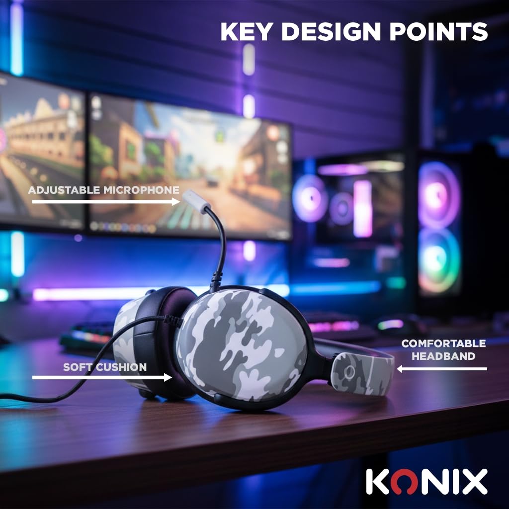 Konix Casque gaming circum-aural filaire Nexus PS5, Switch 2 et Xbox Series X|S - Haut-parleurs 40 mm - Microphone - Câble 1,5 m - Motif camouflage