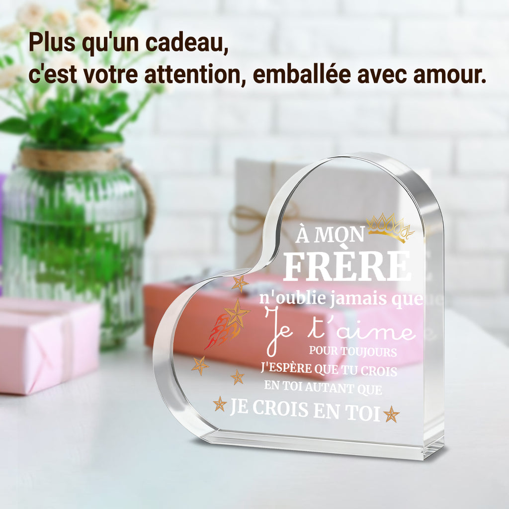 Alphynix 1 pc plaque en cristal cœur, "MON FRÈRE" cadeau français avec motif couronne et étoiles, Souvenir frère émouvant avec message "Je t'aime pour toujours", Cadeau d'encouragement pour frère