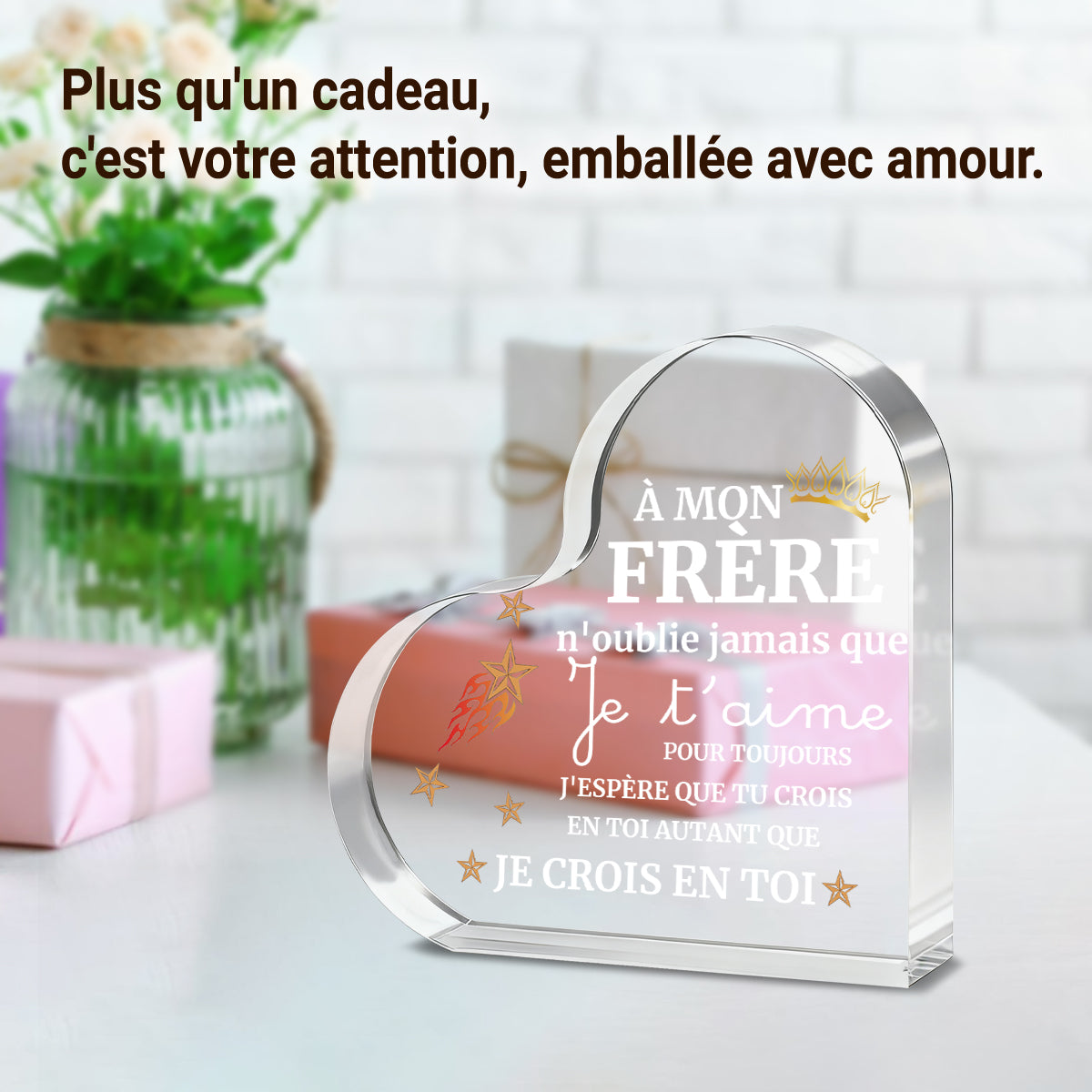 Alphynix 1 pc plaque en cristal cœur, "MON FRÈRE" cadeau français avec motif couronne et étoiles, Souvenir frère émouvant avec message "Je t'aime pour toujours", Cadeau d'encouragement pour frère