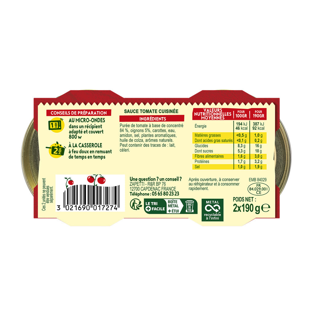 ZAPETTI Sauce tomate - 2 x 190 g