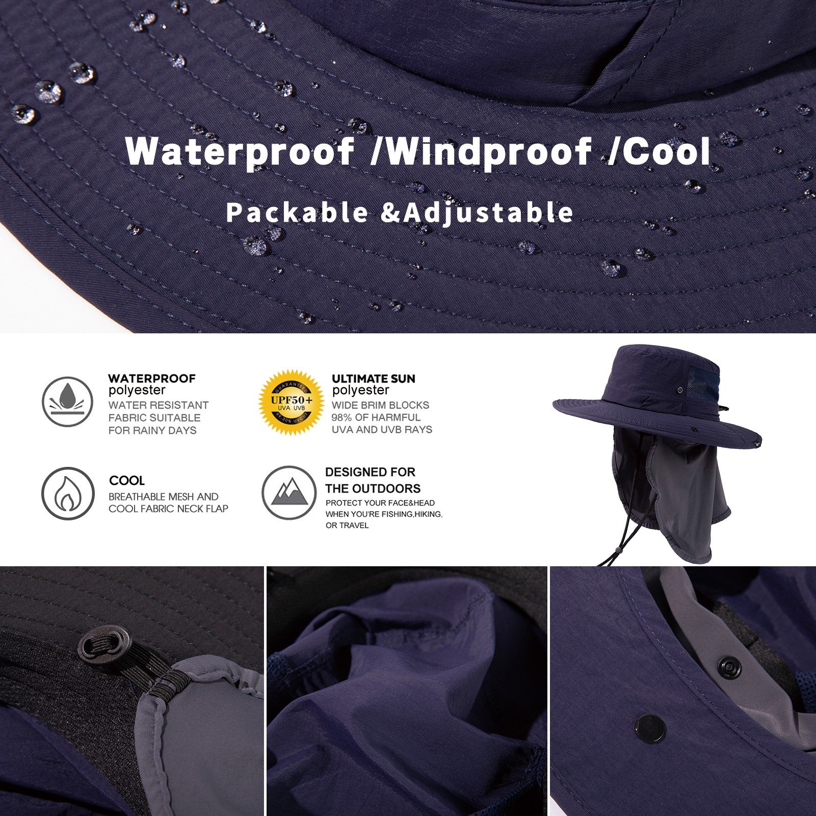 TOP-EX Chapeau de pêche pour homme avec protection UV, couvre-nuque à effet froid, emplacement pour lunettes, bords larges, taille M/L - Navy