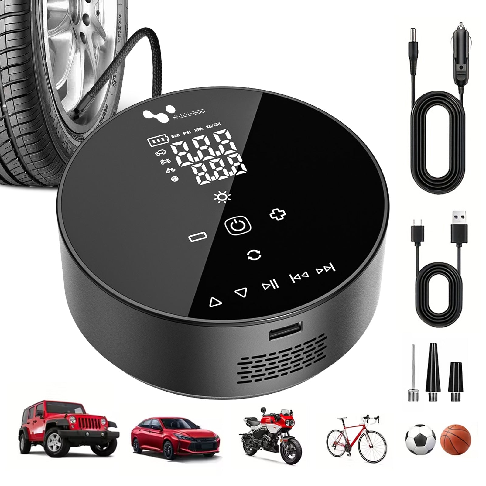 Gonfleur de pneus de voiture sans fil double alimentation 4500 mAh – Compresseur d'air portable avec haut-parleur Bluetooth, batterie externe et lampe LED