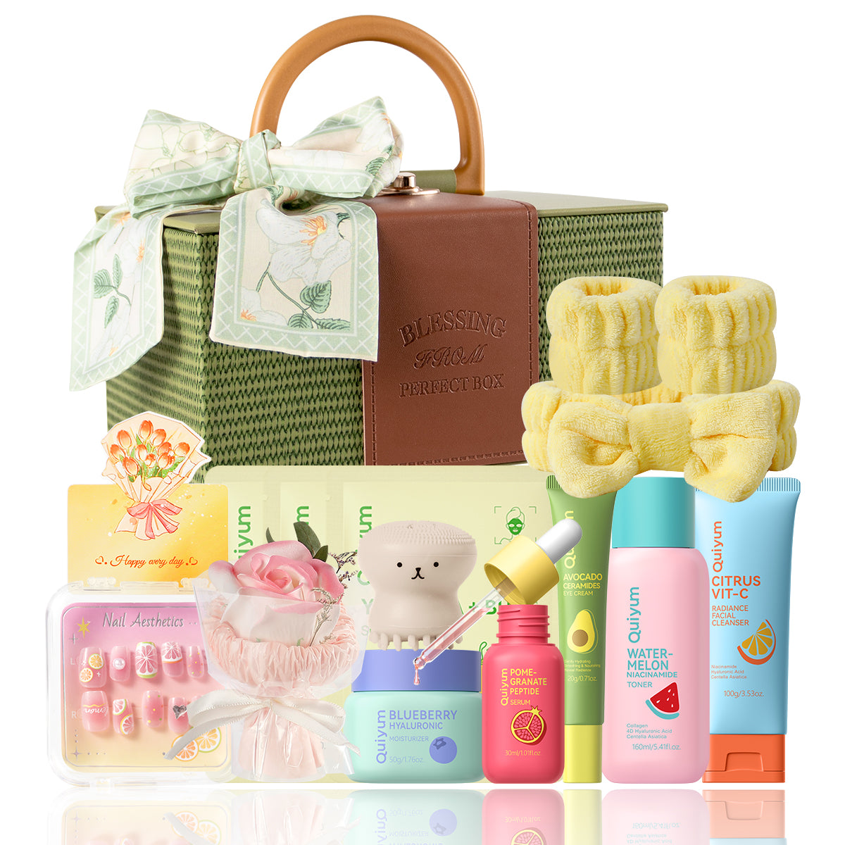 Quiyum Coffret de soins aux fruits (13 pièces) : nettoyant 100 g, lotion tonique 160 ml, crème contour des yeux 20 g, sérum 30 ml, crème 50 g, masques aux fruits 25 g × 3