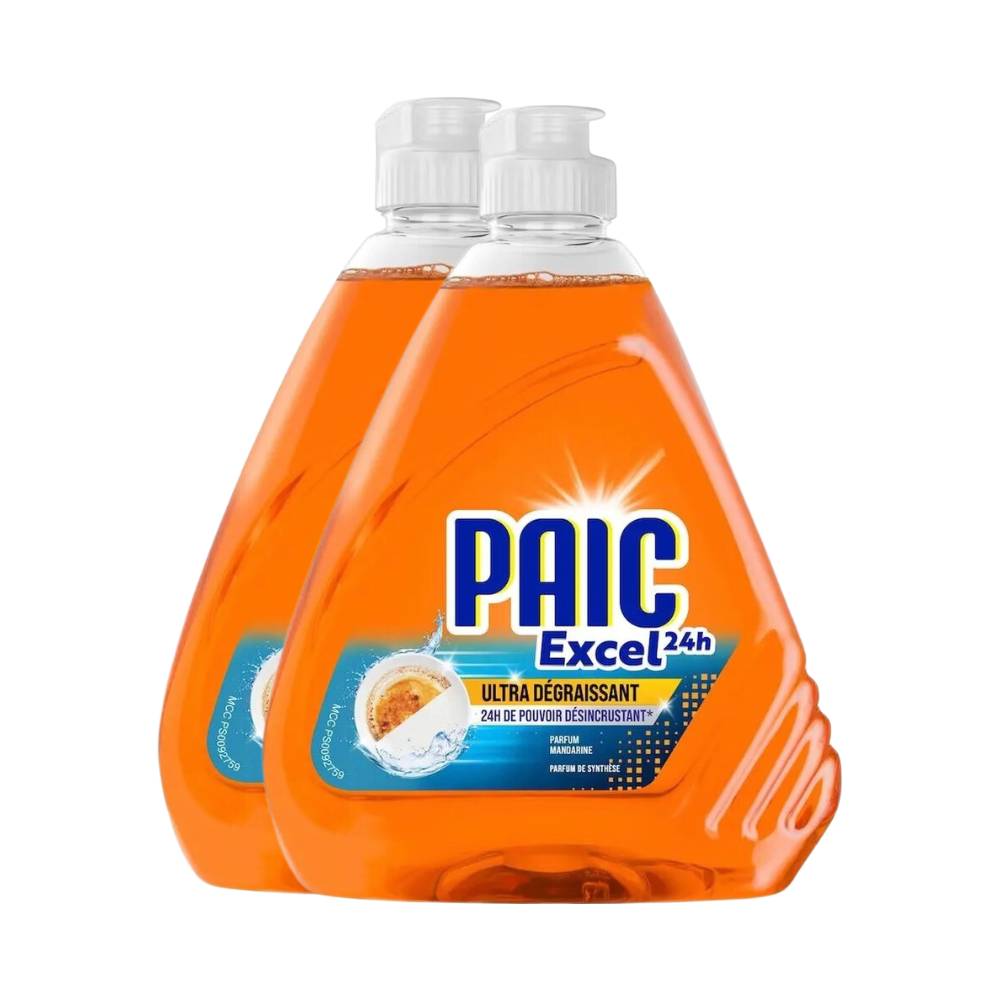 PAIC Excel 24h Ultra Dégraissant Liquide Vaisselle Mandarine 2 x 500 ml (= 1 L)