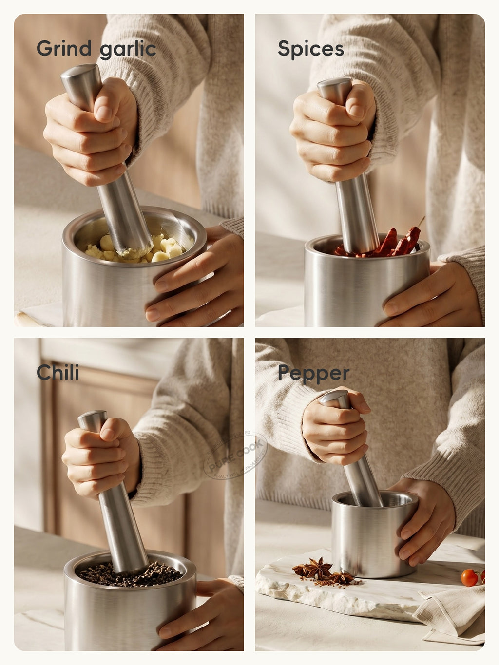 PURE COOK Série de gadgets de cuisine,|Mortier et pilon à ail en acier inoxydable 304, lot de 2 pièces,|Outil presse-ail pour la cuisine