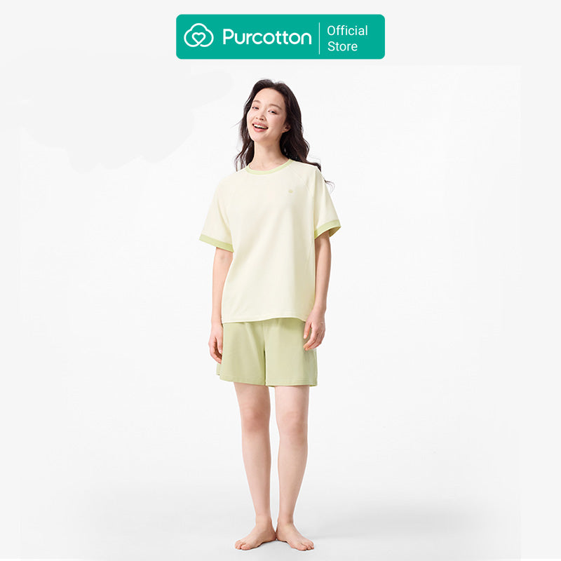 Purcotton Ensemble de loungewear en tricot antibactérien pour femme - Style short - Confortable et respectueux de la peau - Style reposant et décontracté