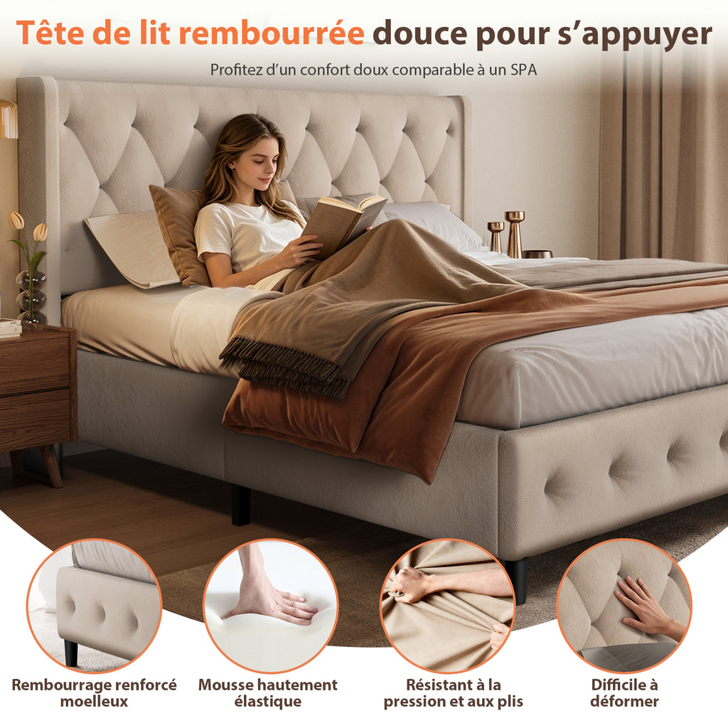 GTIMEX Lit capitonné 209x146x98 cm avec sommier à lattes, Capacité de charge statique : 390 kg, Lit double avec tête de lit capitonnée, Sommier à lattes en bois massif, Montage facile, Design moderne, Cadre robuste et tissu en velours de haute qualit