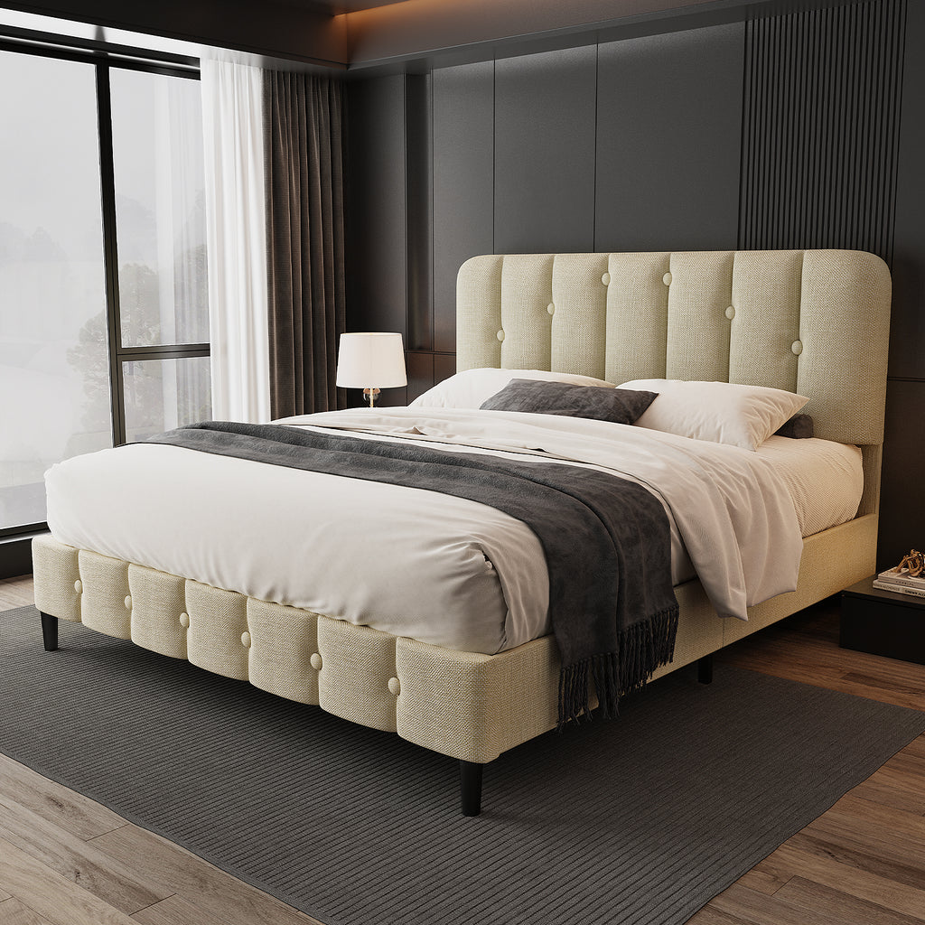 GTIMEX Lit capitonné 212,5 x 145 x 110 cm avec sommier à lattes, Capacité de charge statique : 390 kg, Lit double avec tête de lit rembourrée, Montage facile, Cadre robuste et tissu en lin de haute qualité, Beige