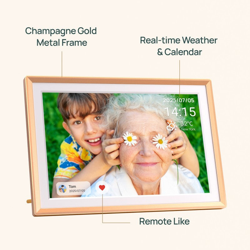 ARZOPA D14 Cadre photo numérique en métal 14 pouces, stockage cloud gratuit, photos et vidéos illimités, partage via application, écran tactile FHD 1920 x 1200, idée cadeau pour la famille