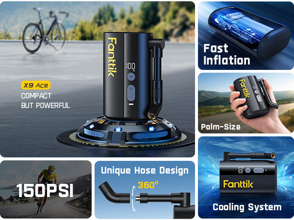 Fanttik X9 Ace Mini pompe à vélo pour gonflage rapide en 32 secondes avec manomètre, 150 psi et compatible valves Presta et Schrader