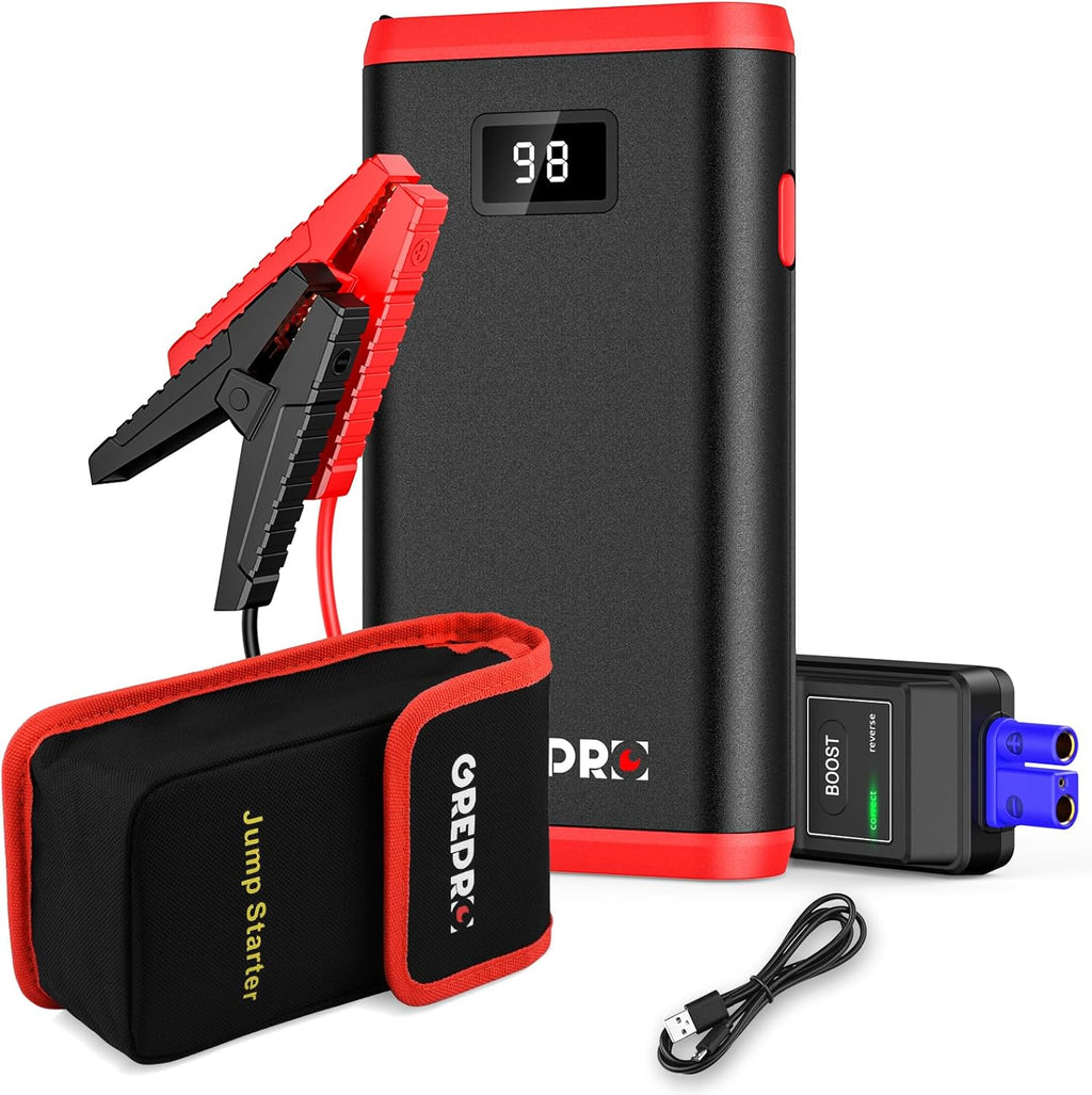 GREPRO Booster de Batterie 4000A, Démarreur de Voiture d’Urgence pour Véhicules 12V et Motos (jusqu’à 7,0L Essence / 5,0L Diesel), avec Écran LCD, Lampe Torche LED et Sac de Transport