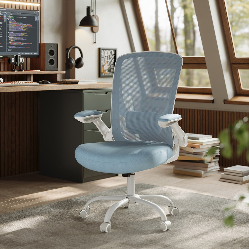 JOYFURNOS Chaise de bureau en maille, Chaise pivotante ergonomique, Accoudoirs rabattables, Bleu