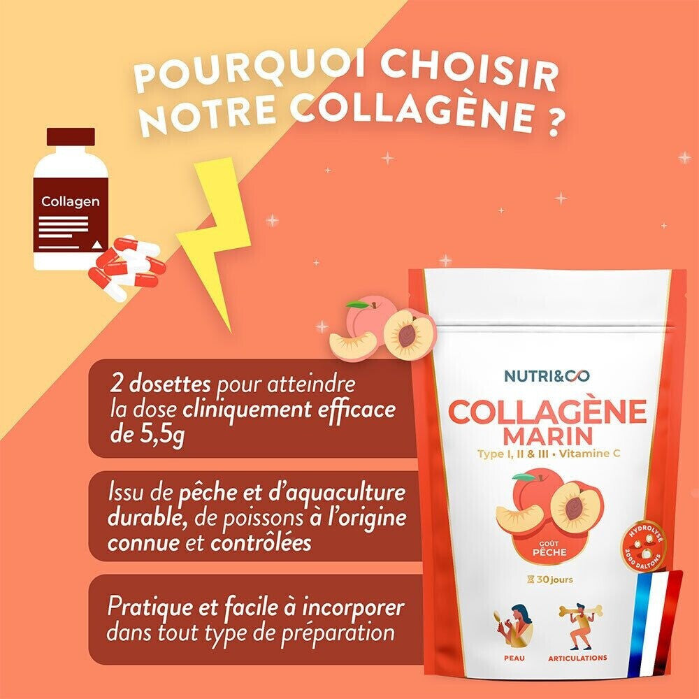 Nutri&Co Collagène marin type 1, 2 et 3 - goût pêche - 180 g