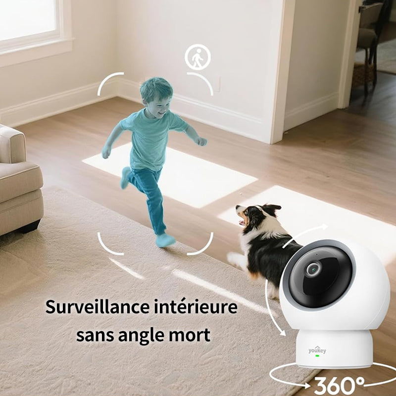 UNIVIEW Youkey P310 Caméra de Surveillance Intérieure PTZ 2,5K, Détection 360° des Personnes, Animaux et Pleurs de Bébé, Wi‑Fi 6 (2,4/5 GHz), Suivi Automatique, Audio Bidirectionnel, Appairage Bluetooth, Aucun Abonnement Mensuel