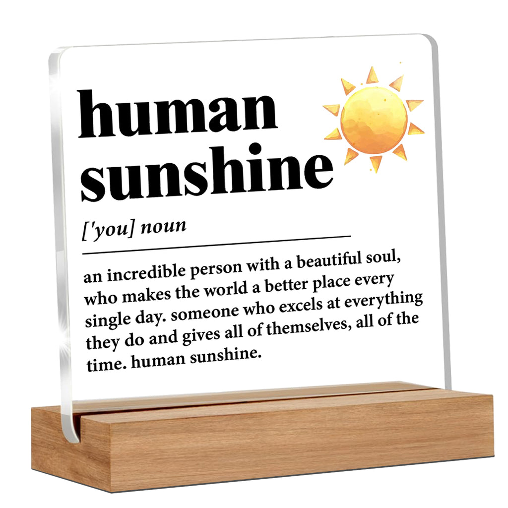 Alphynix 1 pc "Human Sunshine" plaque en acrylique, support sur socle en bois avec motif de soleil jaune et définition inspirante "Une personne incroyable avec une belle âme"