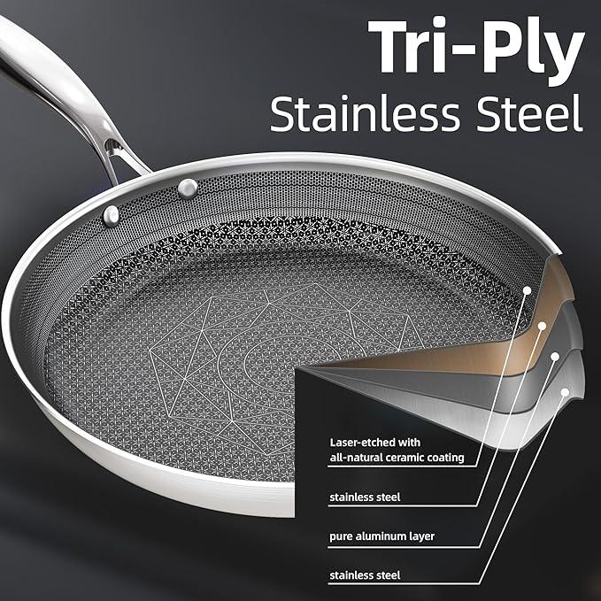 COOKER KING Lot de 3 poêles en acier inoxydable (8 + 10 + 12 pouces), poêles antiadhésives, compatible induction, poêle chef, passe au lave-vaisselle et au four, poignées isolantes, compatible avec tous types de plaques