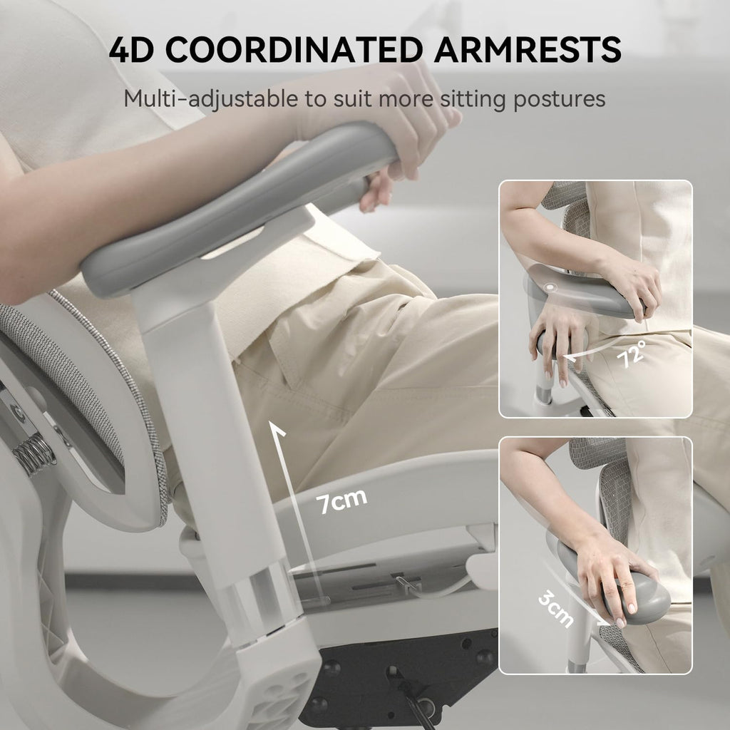SIHOO Doro S100 Chaise de bureau ergonomique avec double soutien lombaire dynamique, dossier réglable sur 5 positions, accoudoirs coordonnés 4D, angle d’inclinaison max. 135°