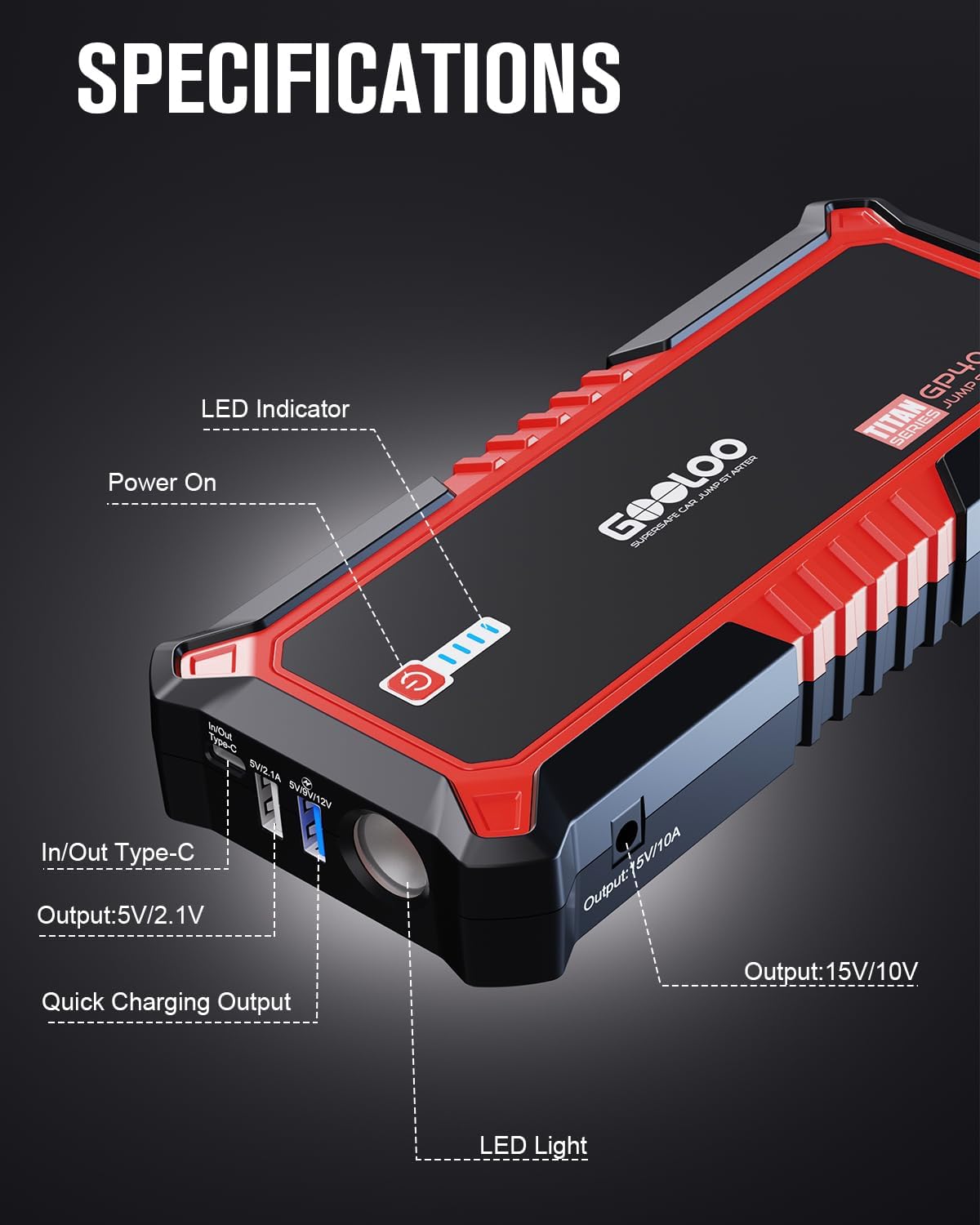 Démarreur de voiture GOOLOO GP4000 avec batterie externe, démarreur de secours de voiture 4000 A 12 V (tous les moteurs à essence et jusqu'à 10 L de diesel), démarreur de secours avec batterie externe extrêmement sûr avec LED, boosteur de batterie de