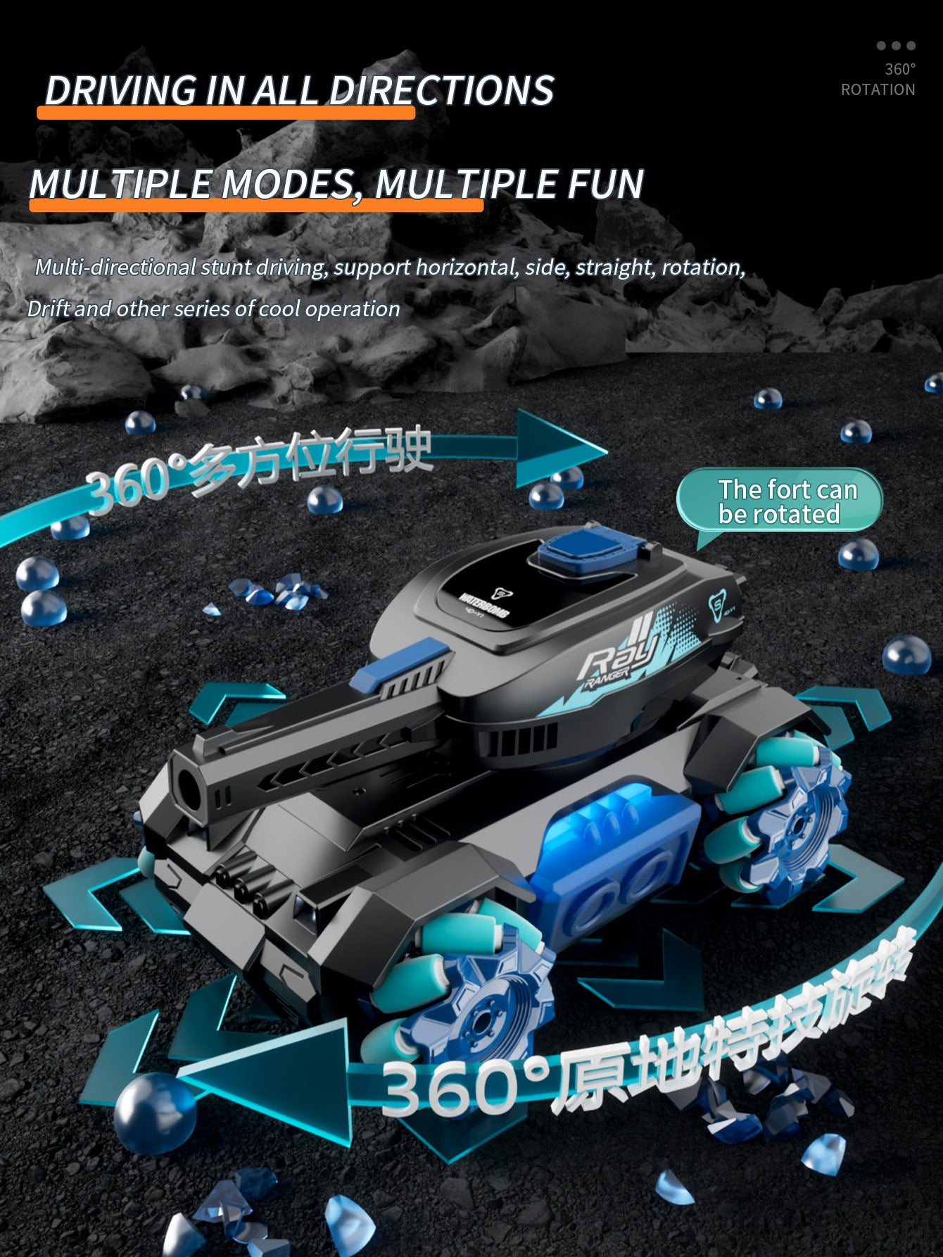 Char Tank RC 4DRC Y1 Tireur, Voiture Cascade Télécommandée à Gestes avec Lumières & Musique, Tir de Billes d’Eau, Voiture Télécommandée pour Garçons 6-12 Ans, Jouet Enfant Idée Cadeau Anniversaire
