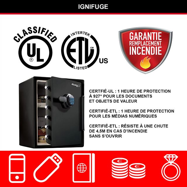 Master Lock Coffre-fort certifié résistant au feu et à l'eau, 56,5 L, 472 x 605 x 490 mm, système de combinaison numérique avec clavier rétroéclairé, pour la maison et les professionnels