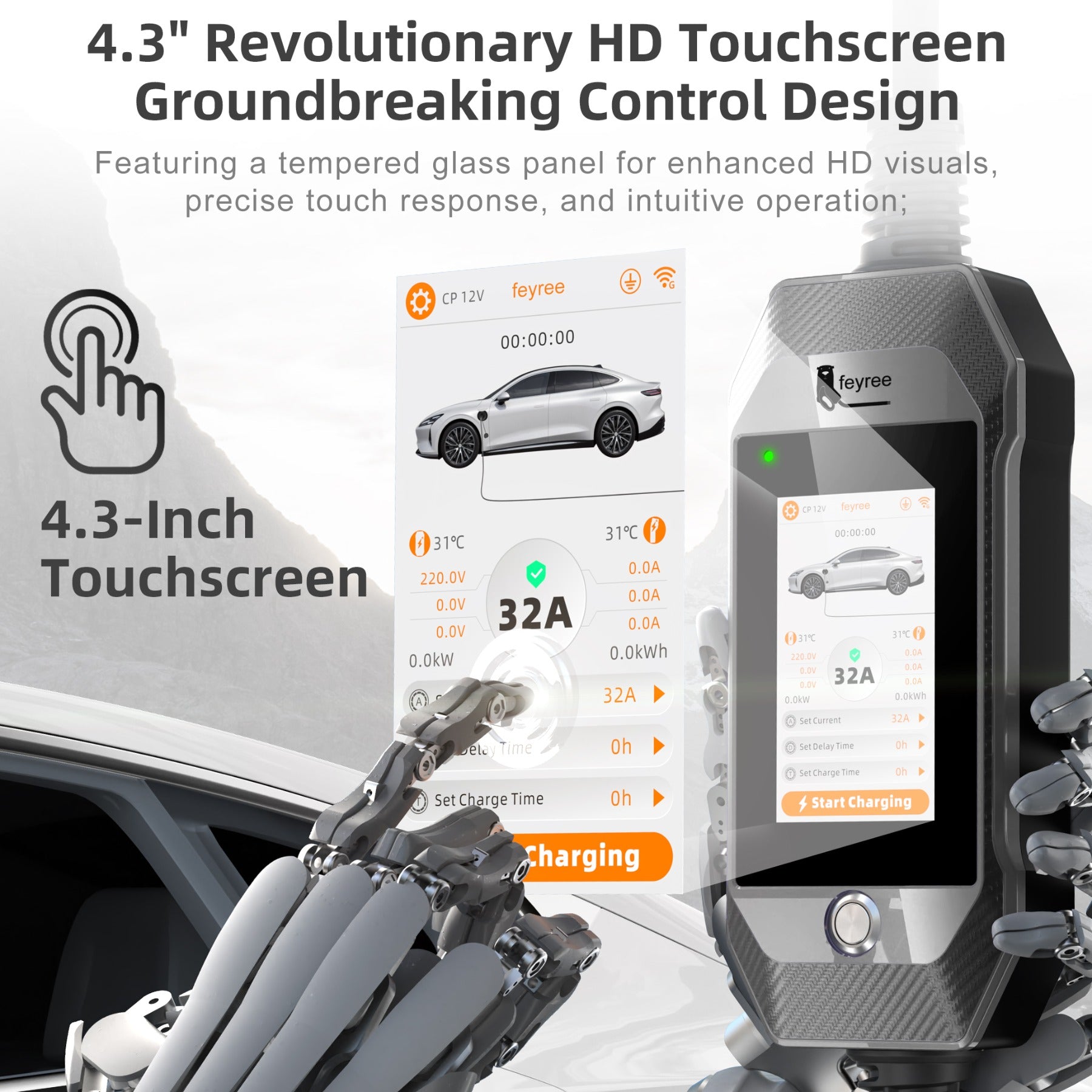 Feyree Chargeur EV portable Type 2 7 kW avec écran tactile 4,3" et contrôle intelligent via application WiFi pour voiture électrique