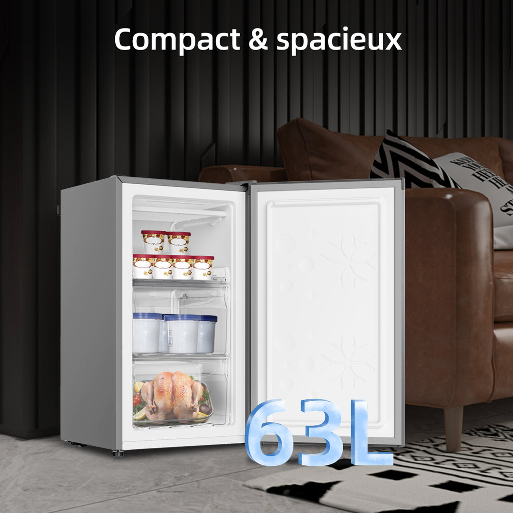 CHiQ JR63DSD Congélateur vertical 63 L, congélation rapide 4 étoiles, design compact 47 cm de large, silencieux 38 dB, dégivrage manuel, porte réversible, finition argent, classe énergétique D