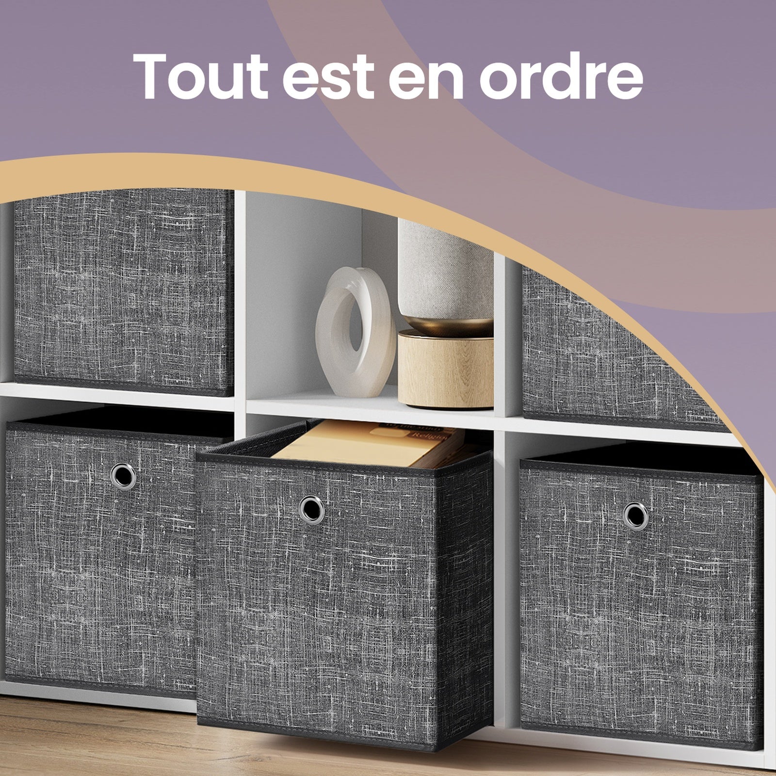 JOYFURNOS Lot de 6 Boîtes de Rangement Pliables avec Poignées, Organiseurs pour Vêtements, pour Étagères, Tissu Non-Tissé, Noir