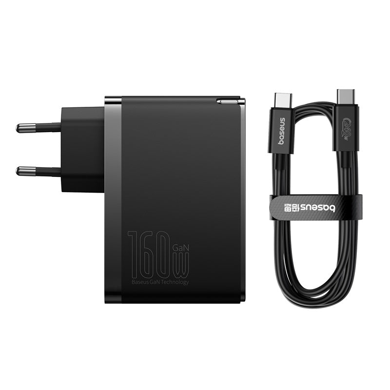 Baseus GaN5 Pro Chargeur rapide numérique 2C+U 160 W EU Noir Avec câble de charge rapide Superior Series Type-C vers Type-C 240 W 48V/5A