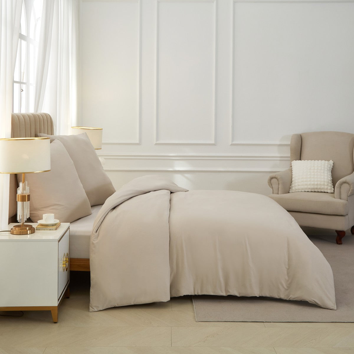 MEEALLHOME Parure de lit en flanelle lavée beige - 1 housse 240 x 220 cm et 2 taies 65 x 65 cm