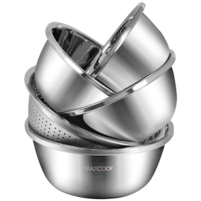 Maxcook Lot de 5 bols en acier inoxydable 304 avec égouttoir - bols épaiscis pour légumes et assaisonnements - 30 cm (MCWA797)