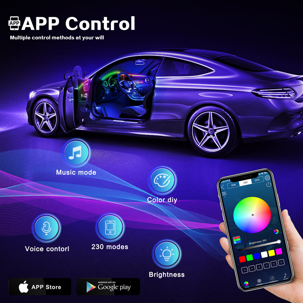 Bande lumineuse LED en acrylique pour intérieur de voiture Dreamcolor, contrôle sans fil via application, RGB 22-en-1, 175 pouces 600 fibres optiques, kit d’éclairage d’ambiance